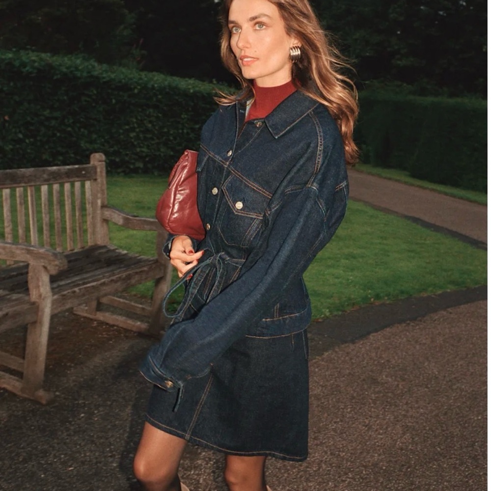 Reformation Denim Jacket and Skirt Set in Dark Blue